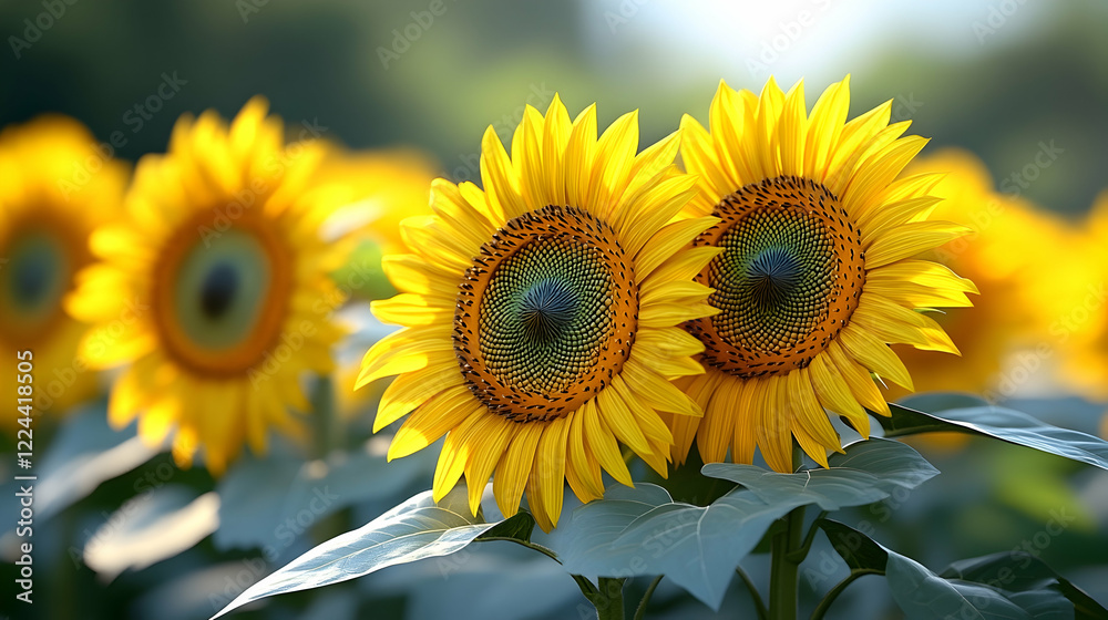 Fototapeta premium Sunflowers blooming in a field at sunset, nature background for summer designs