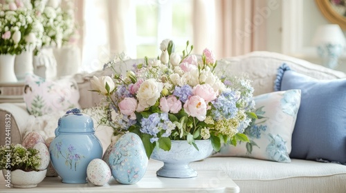 Elegant Floral Arrangement in Soft Pastel Colors on Cozy Sofa