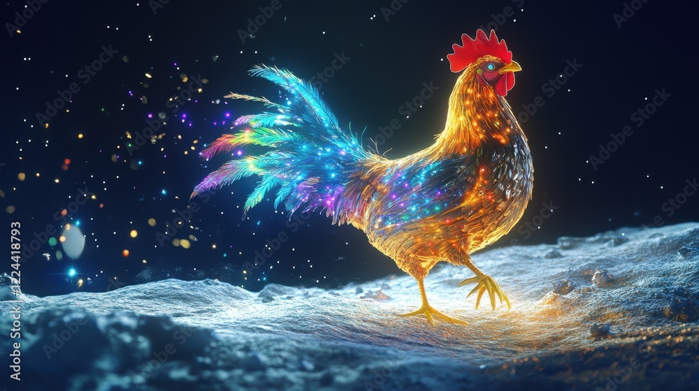 Fototapeta premium A whimsical chicken with glowing feathers, walking across the moon's surface, leaving a trail of colorful stardust.