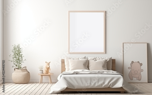blank 9:6 ratio frame for mockup adversitement hanging on the wall with aesthetic modern style childern badroom
