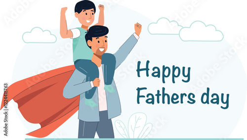 Happy Father's Day Illustration with Father and Son Superhero Moment Features a father and son dressed as superheroes, striking playful poses.