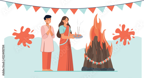 Holi Festival Celebration with Bonfire and Traditional Rituals Illustration Shows the Holika Dahan bonfire with people gathered around it.