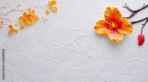 A white background with a floral pattern and a yellow flower photo