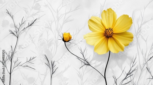 A white background with a floral pattern and a yellow flower photo