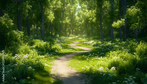 Sunlit path winding through lush green forest, wildflowers blooming, peaceful nature scene; ideal for travel or nature websites