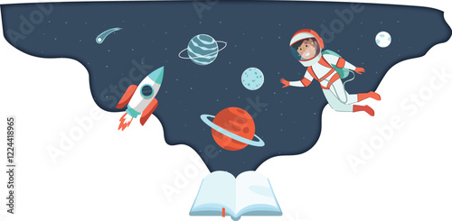 Illustration of Astronaut Floating in Space with Rocket Features an astronaut floating in zero gravity with a rocket visible in the distance.