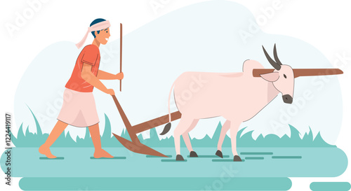 Indian Farmer Plowing Field with Bull Illustration Depicts a traditional scene of a farmer plowing the field with a pair of bulls.