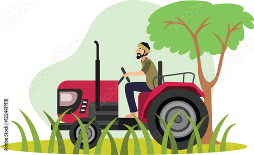 Indian Farmer Driving Tractor in Field Illustration Features a farmer operating a tractor amidst lush green fields.