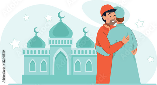 Illustration of Eid Celebration with Two People Embracing in Front of Mosque Highlights two individuals warmly embracing with a mosque and crescent moon in the background.