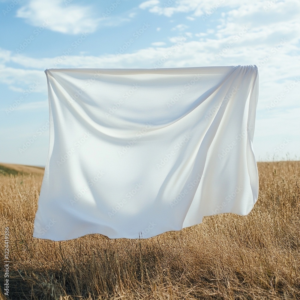 White fabric hanging in a wheat field. White fabric hanging in a wheat field.
