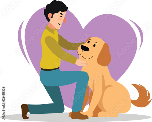 Man Showing Love to Dog with Heart Background Illustration Highlights a man petting his dog with a heart-shaped backdrop.