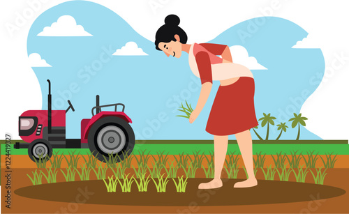 Indian Woman Farming Illustration with Tractor and Harvesting Crops Shows an Indian woman using a tractor and harvesting crops in a vibrant field.
