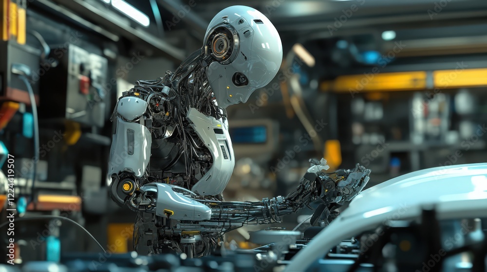 A detailed view of a futuristic robot performing maintenance in a tech-filled environment A detailed view of a futuristic robot performing maintenance in a tech-filled environment