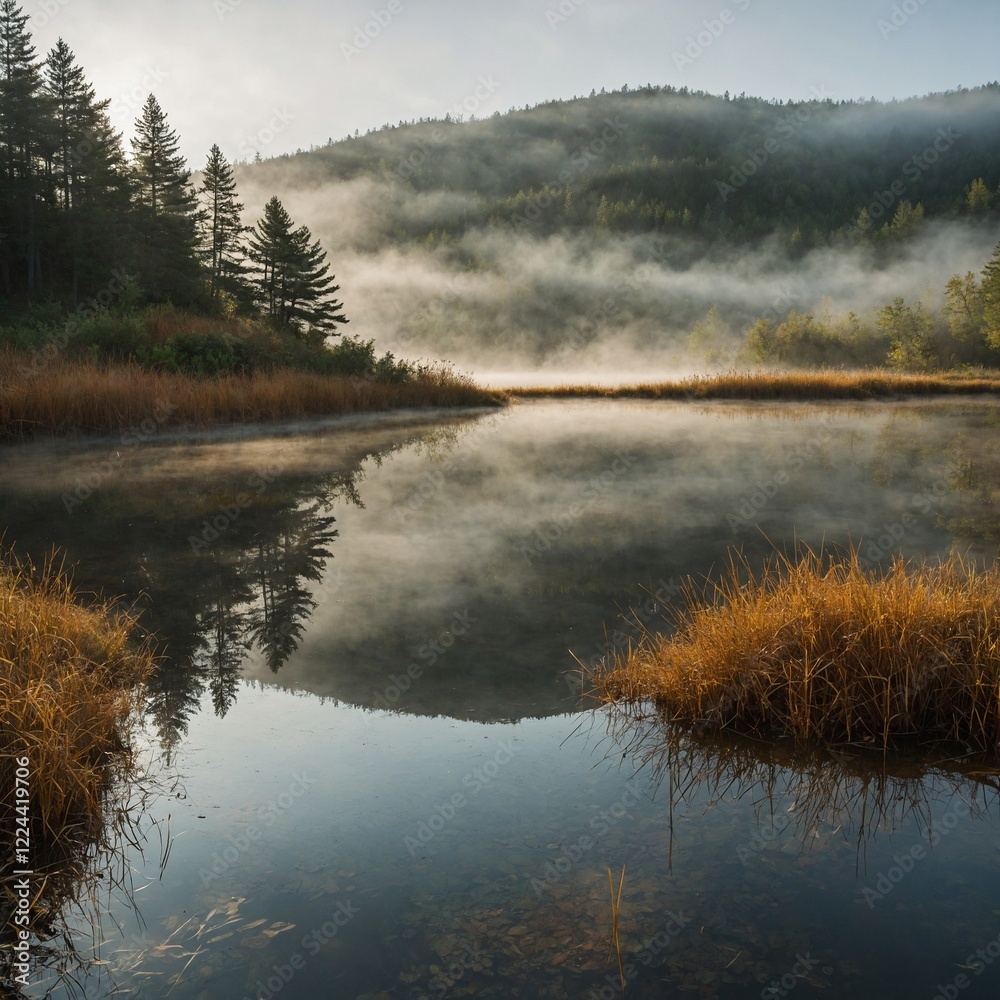 Fototapeta premium Mist rising from a golden slope near a calm, reflective pond.