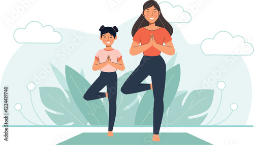 Yoga Illustration with Mother and Daughter Practicing Tree Pose Shows a mother and daughter practicing yoga together in the tree pose.