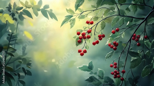 Beautiful scene with growing berries Lingonberries in forest photo