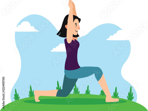 Yoga Workout Pose Illustration with Woman Exercising Outdoors Features a woman performing yoga poses in an open, sunny outdoor space.