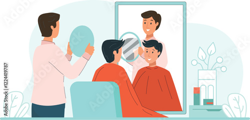 Beauty Salon Haircut Illustration with Customer and Barber Mirror Reflection Shows a client getting a haircut, with their reflection visible in a large mirror.