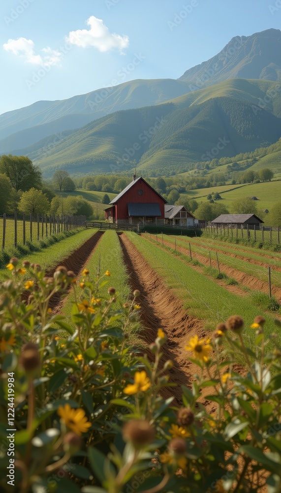 Naklejka premium Peaceful Countryside Farm with Red Barn, Lush Green Fields, and Vibrant Flowers Under a Clear Blue Sky