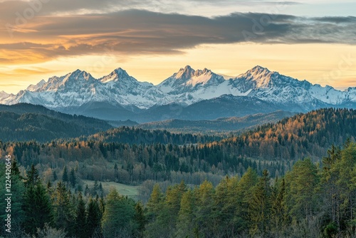 Panoramic view of rocky mountain peaks at sunrise, captured during the golden hour with hyper-realistic details and high resolution. Perfect for nature, adventure, and photography-themed designs.