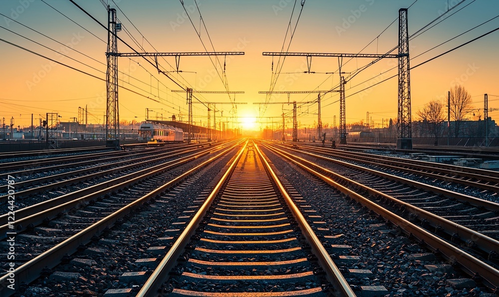Fototapeta premium Train tracks at sunset, industrial background