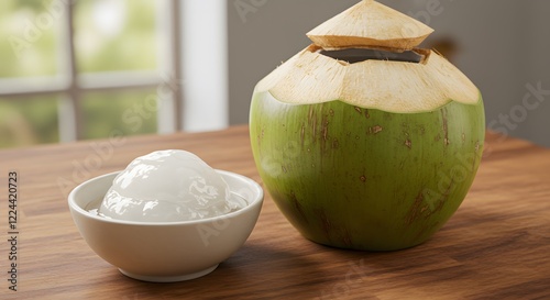 Create a hyper-realistic 8k image of a young coconut with its flesh scooped out and placed in a small bowl beside the coconut shell. The coconut flesh should appear soft and slightly translu photo