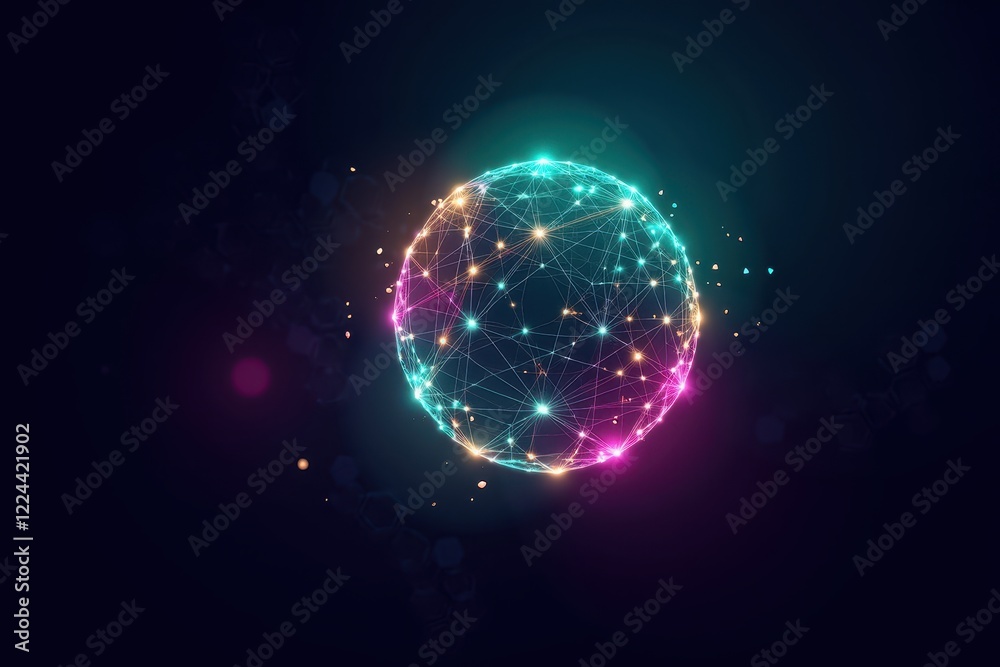 Obraz premium Vibrant Energy Sphere with Connecting Lines and Dots on Dark Background