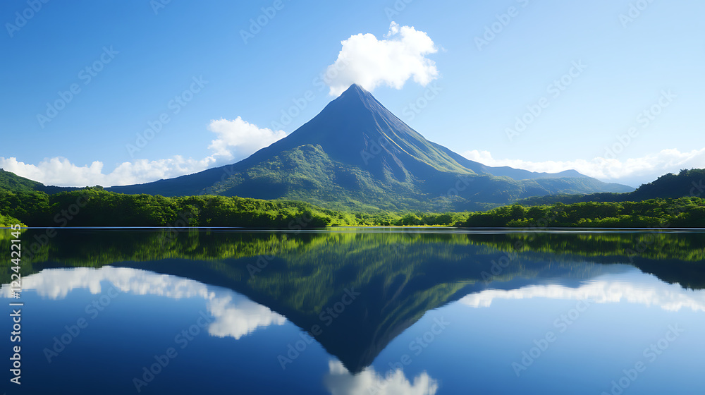 Majestic volcanic peak reflecting in tranquil mountain lake with natural landscape and blue summer sky Majestic volcanic peak reflecting in tranquil mountain lake with natural landscape and blue summer sky