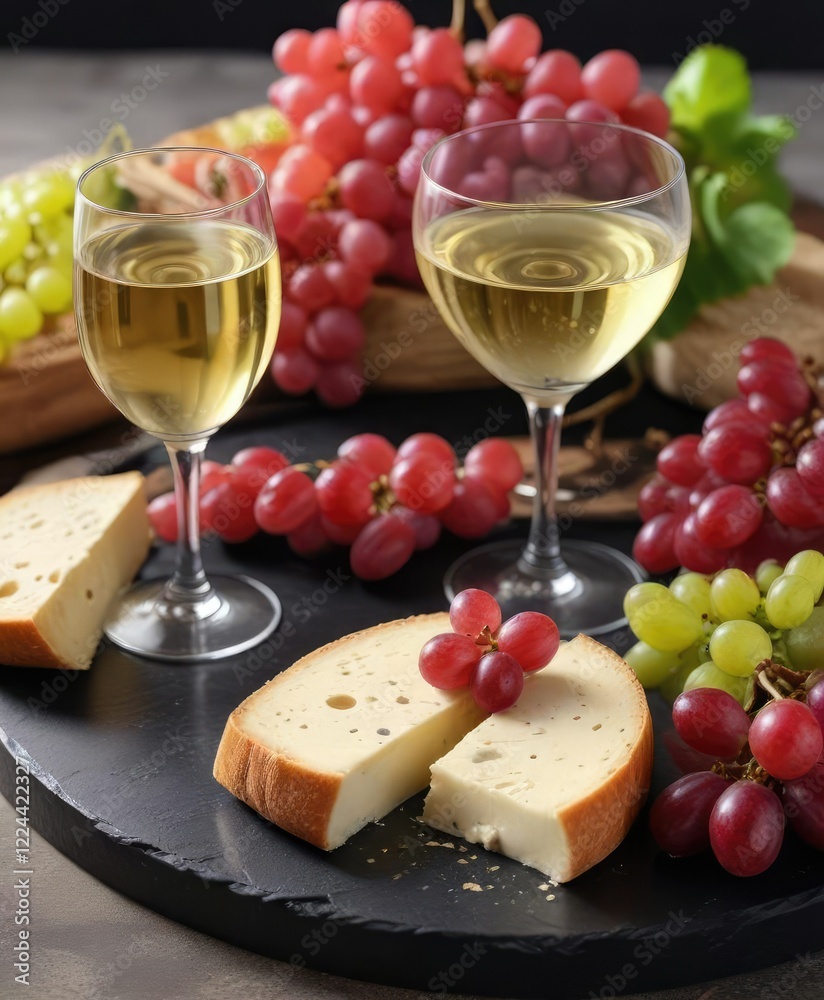 Glass of white wine placed elegantly next to group of large pink grapes alongside wheel of Brie cheese and block of Parmesan cheese on a black tray, gourmet appetizer, rustic dinnerware Glass of white wine placed elegantly next to group of large pink grapes alongside wheel of Brie cheese and block of Parmesan cheese on a black tray, gourmet appetizer, rustic dinnerware
