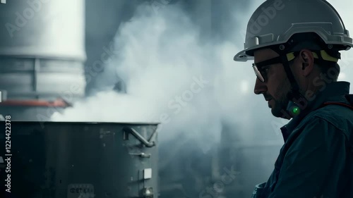 Industrial worker in safety gear amidst dense smoke at factory