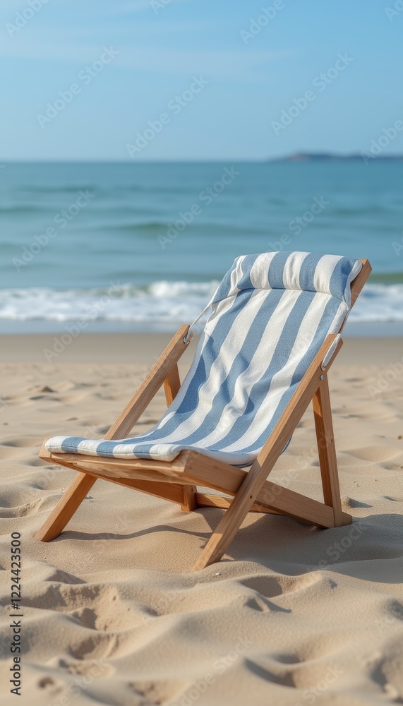 Cozy Beach Retreat with Wooden Chair and Blue-White Stripes Facing Serene Ocean Waves Cozy Beach Retreat with Wooden Chair and Blue-White Stripes Facing Serene Ocean Waves