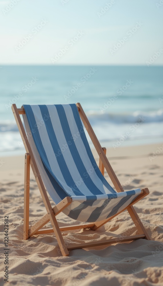 Cozy Beach Retreat with Wooden Chair and Blue-White Stripes Facing Serene Ocean Waves Cozy Beach Retreat with Wooden Chair and Blue-White Stripes Facing Serene Ocean Waves