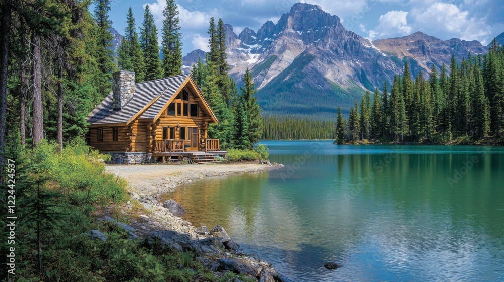 Fototapeta premium cozy wood cabin overlooking a pristine lake, framed by dense forests and majestic mountains, showcasing the tranquility of the natural landscape