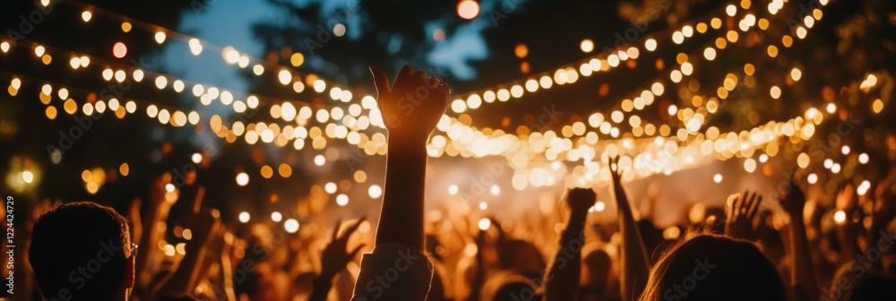 Obraz premium Bohemian Outdoor Concert Vibes Indie Band on Rustic Stage with Festive Lighting - Capturing Youthful Energy and Community Engagement in Cultural Event Advertising