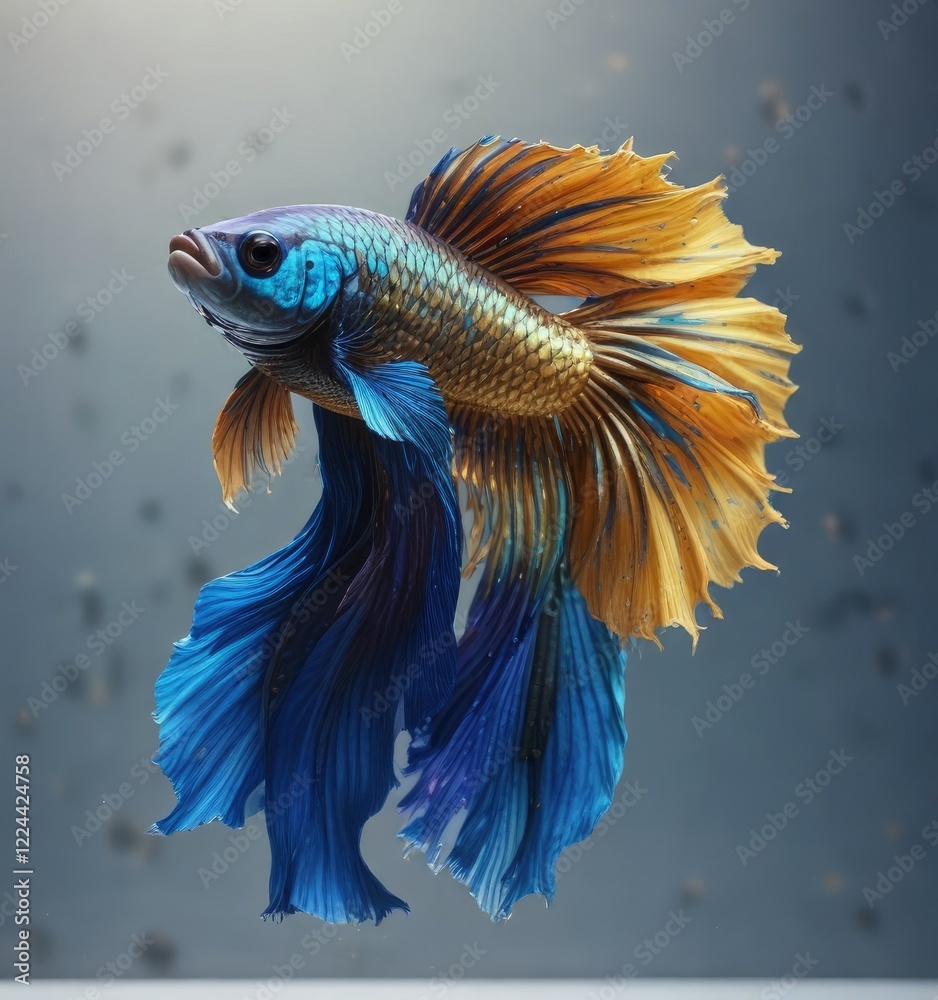 Fototapeta premium Golden and blue scales glisten on the betta's body , golden blue fish, oil painting
