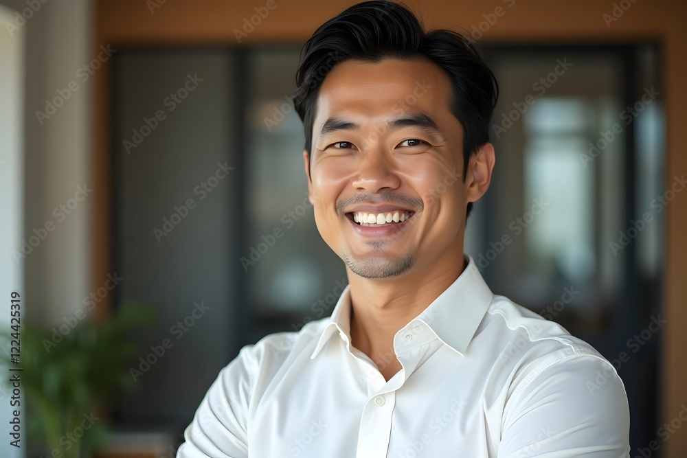 Portrait of an elegant Asian man wearing a shirt, Smiling looking forward.in the office space. Portrait of an elegant Asian man wearing a shirt, Smiling looking forward.in the office space.