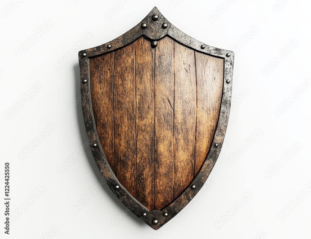 Wooden medieval shield with iron trim, isolated on white background. Wooden medieval shield with iron trim, isolated on white background.