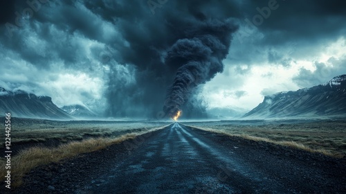 A solitary road stretches out into the distance, flanked by ominous dark clouds swirling overhead. Light from an unseen source illuminates a path filled with both foreboding and mystery photo