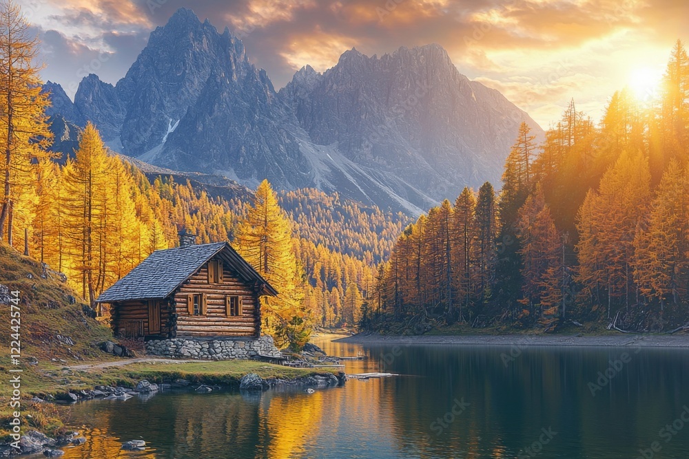 Fototapeta premium cozy wood cabin overlooking a pristine lake, framed by dense forests and majestic mountains, showcasing the tranquility of the natural landscape