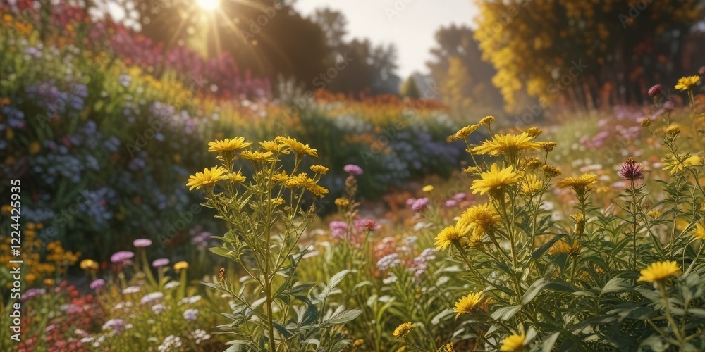 Obraz premium Goldenrod flowers growing among other autumn plants such as asters and chrysanthemums, , fall landscaping, chrysanthemum flowers