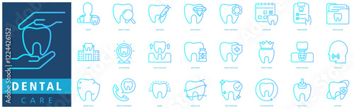 DENTAL CARE ICON SET with dentist, dental checkup, anesthesia, tooth jewelry, dental treatment, dental record, clinic and tooth extraction