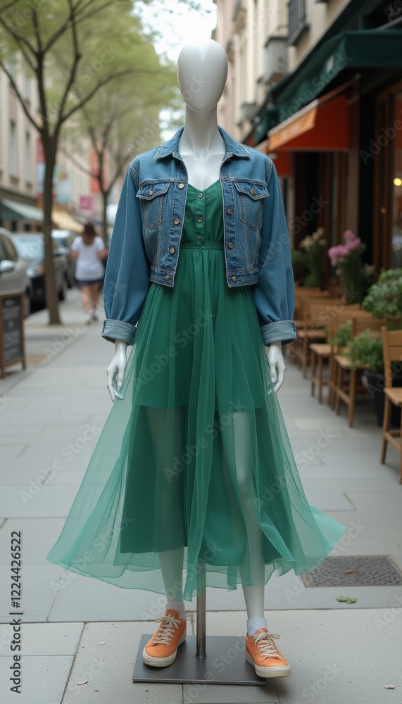 Naklejka premium Green dress with denim jacket on mannequin in city street