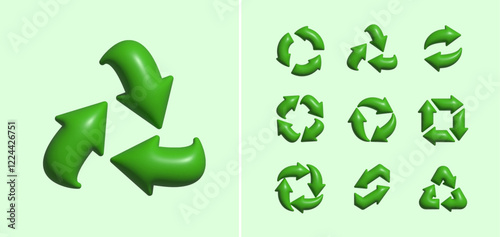 Recycling symbols with curved arrows. Environmental sustainability, waste reduction, eco branding. Suitable for eco campaigns, packaging, and green industry designs. 3D vector illustration