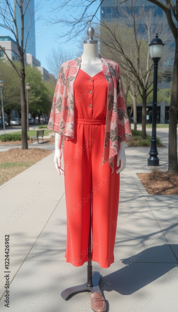 Fototapeta premium Coral jumpsuit with floral kimono on mannequin in sunny street