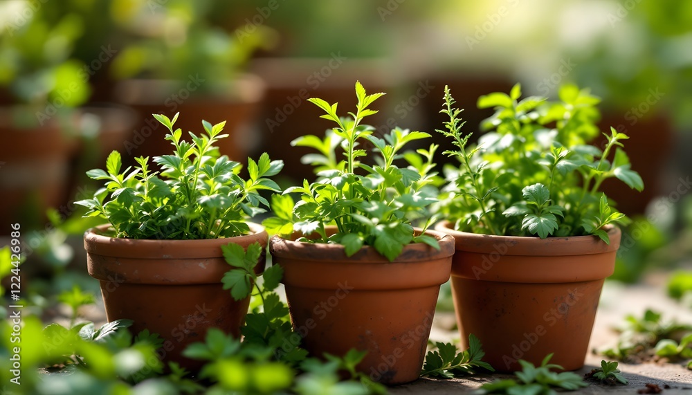 Capture a hyper-realistic 8k image of a small herb garden in pots, featuring parsley, thyme, and oregano, each in its own small container. The leaves should appear fresh and vibrant, with va Capture a hyper-realistic 8k image of a small herb garden in pots, featuring parsley, thyme, and oregano, each in its own small container. The leaves should appear fresh and vibrant, with va