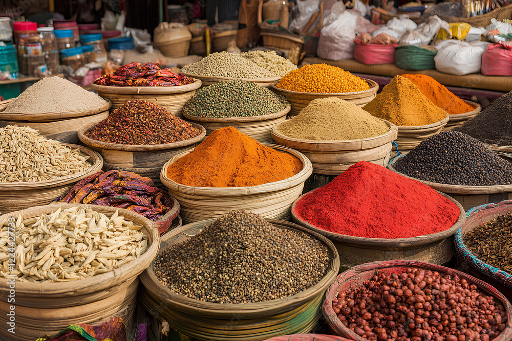 Fototapeta premium A vibrant display of various spices and herbs at a bustling local market in Delhi, India. The rich colors and textures of the spices are showcased, highlighting the essence of Indian cuisine