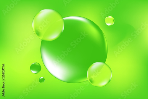 Glowing green 3D liquid bubbles or fluid jelly droplets background. Aesthetic fresh composition for cosmetology, beauty science, skin care molecular concept.