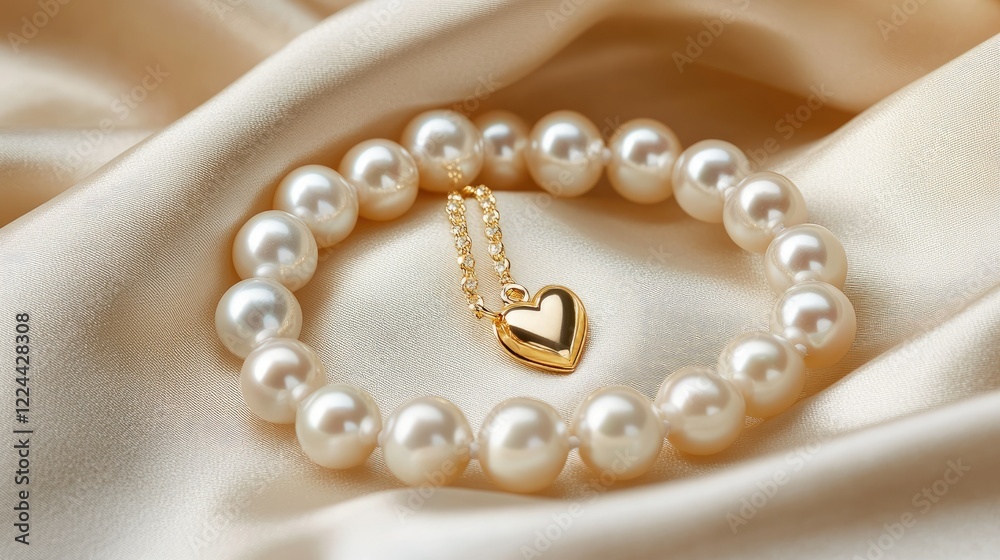 Elegant Pearl Bracelet with Gold Heart Charm on Silk Fabric Elegant Pearl Bracelet with Gold Heart Charm on Silk Fabric