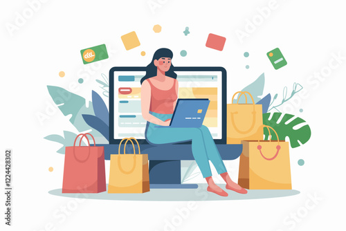 Woman Shopping Online with Credit Card and Laptop at Home, Depicting Convenience of E-commerce