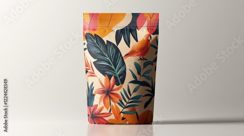 Vibrantly designed bag showcasing colorful parrot seed mix with tropical elements photo